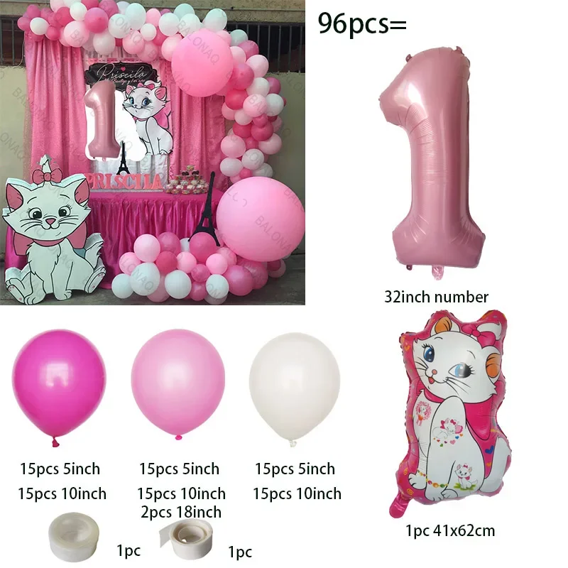 96pcs Disney Pink Marie Cat Balloons Arch Garland Kit Age 3 4 5th Birthday Party Decorations White Peach Latex Balls Air Globos