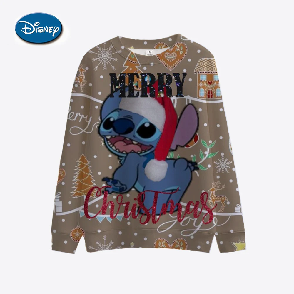 Christmas Disney Stitch Hoodie Long Sleeve Round Neck T-shirt Autumn/Winter Basic Hoodie Women\'s Knitted Checkered Sleeve Sports