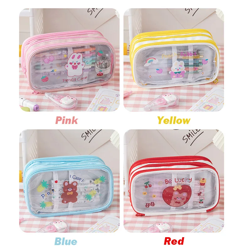 Imagem -05 - Estojo Transparente de Grande Capacidade Bolsa dos Desenhos Animados Bolsa de Lápis Impermeável para Meninas Artigos de Papelaria Kawaii Camadas