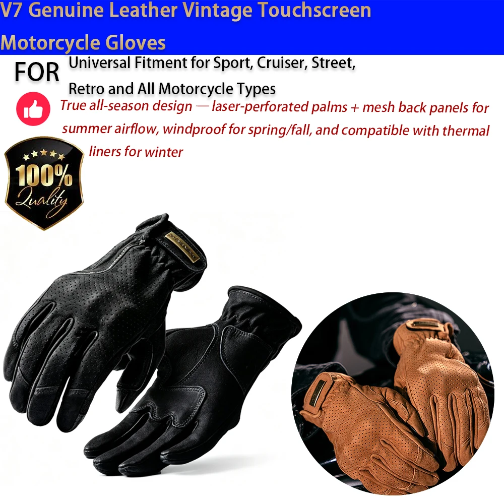 For Motorcycle Vintage Leather Gloves Touchscreen All-Season Sheepskin Anti-Slip No-Drill Accesorios Moto