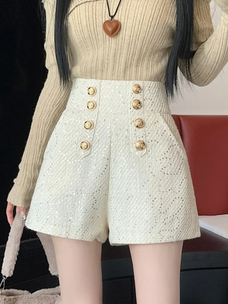 

SMTHMA High Waist Slimming Shorts For Women Autumn Winter Temperament Sequined Wide Leg Pants Small Fragrant Style Tweed Pants