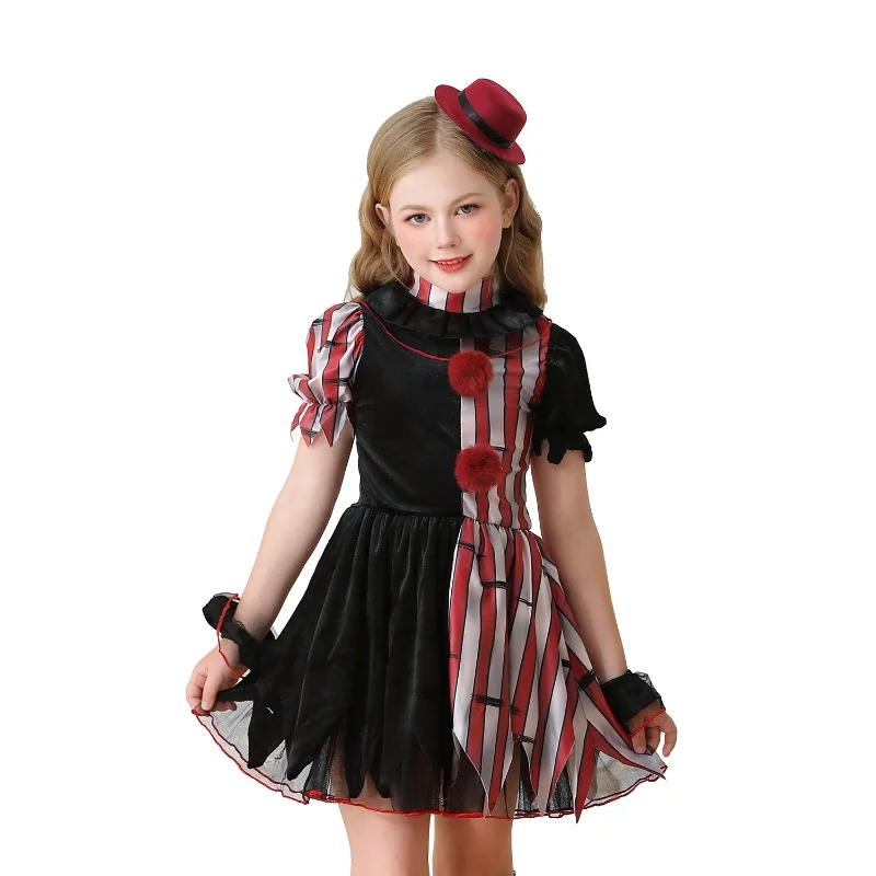 Halloween Cosplay Costumes Girls Horror Clown Short Sleeved Dress Accessories Set Performance Theme Party Role Playing Outfits