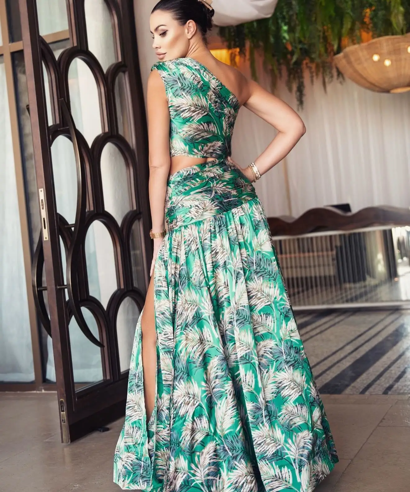 Robes de soirée d'anniversaire sexy pour femmes 2025 été vert rétro imprimé épaule inclinée sans manches robes de fête de vacances