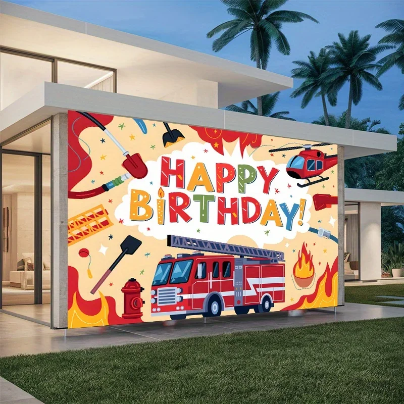 Une bannière d'anniversaire pour un camion de pompiers - Design rouge vibrant d'un camion de pompiers et d'un hélicoptèreDJH