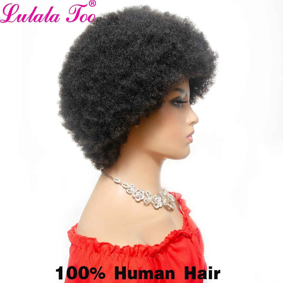 Peruca Curta Afro Kinky Curly para Mulheres, Perucas Brasileiras de Cabelo Humano, Densidade 150%, Cor Natural, Cabelo Remy Yepei