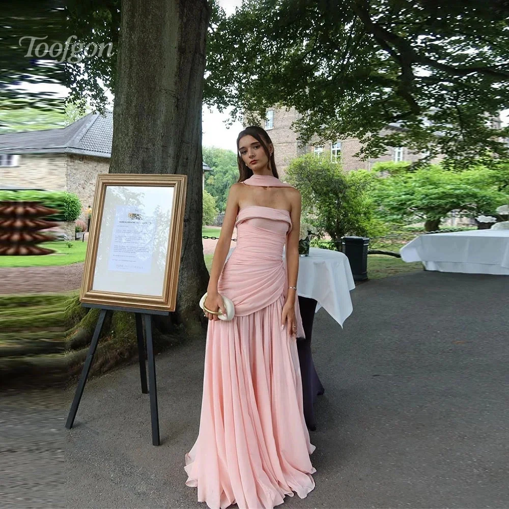 

Toofgon Pink Vestidos Chiffon Para Mujer Elegantes High Slit Prom Dresses Long Backless Dresses For Wedding Guests Customized