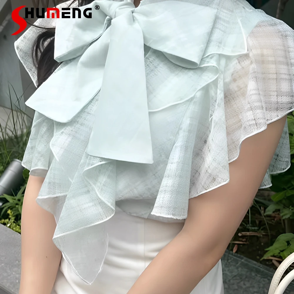 

Japanese Style Simple Elegant Commuter Blouse Ruffled Lace-up Bow Flying Sleeves Single-Breasted Versatile Shirts Women Summer