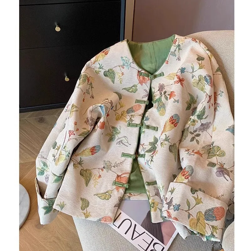 

Новый костюм Тан в китайском стиле в стиле ретро, топ с вышивкой, круглый вырез, короткие стили, жаккардовая куртка, пальто Cheongsam на пуговицах в виде лягушки