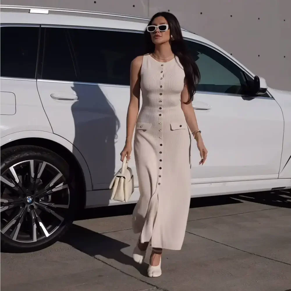 Abiti lunghi eleganti lavorati a maglia Donna Estate O Collo senza maniche Monopetto Tasche finte Abito aderente Abiti da donna da ufficio alla moda