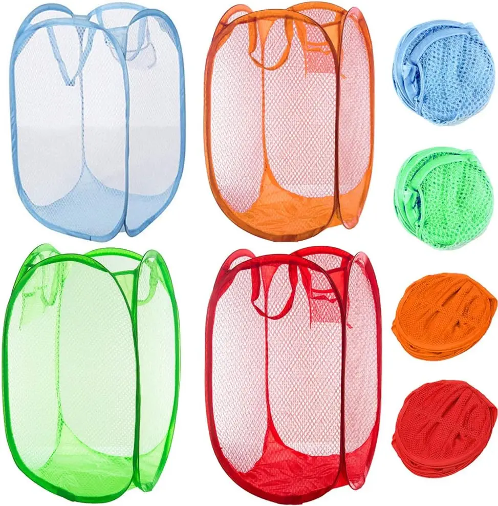 

Mesh Popup Laundry Hamper, 4 Pack Foldable Portable Dirty Clothes Basket for Bedroom, Kids Room