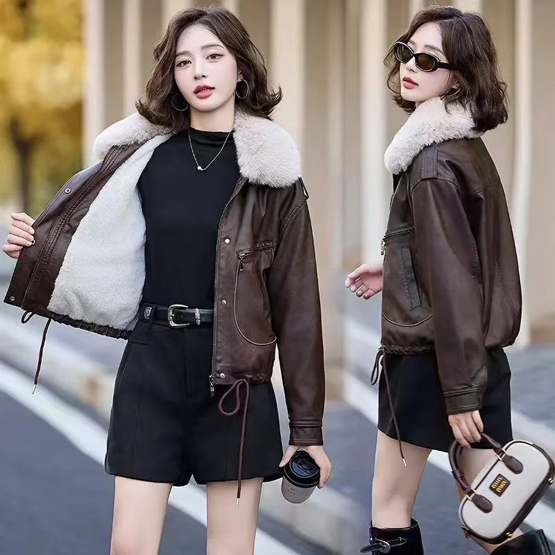 High-grade PU Leather Female Jacket Short Faux Leather Women Coat Locomotive Leather Ladies Outwear