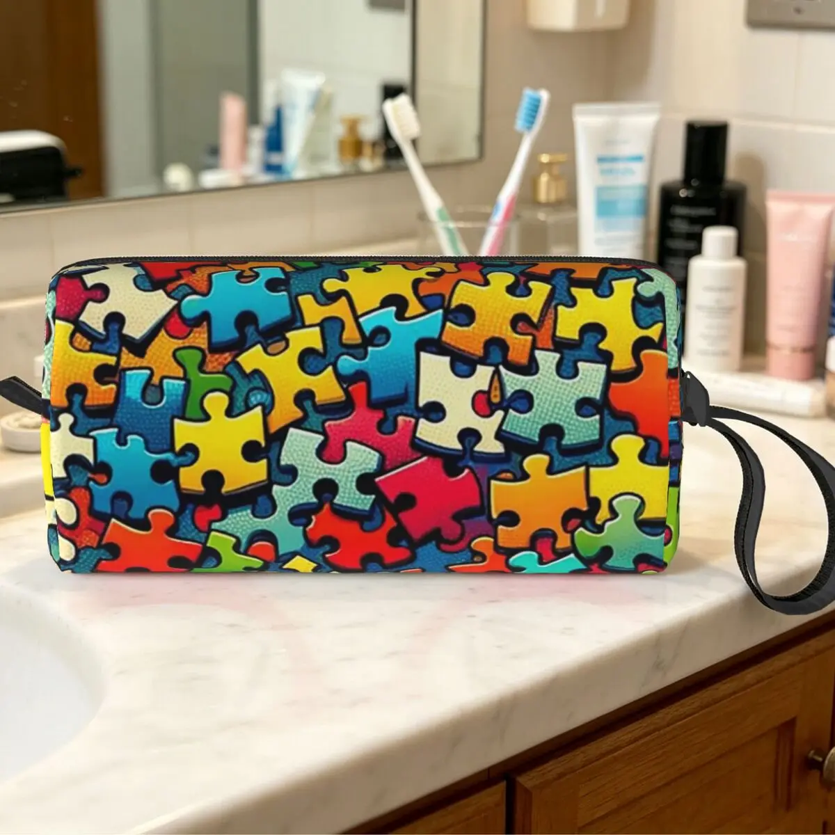 Autism Awareness Colorful Puzzle Piece Print Makeup Bag Cosmetic Organizer Storage Dopp Kit for Women Beauty Travel Pencil Case