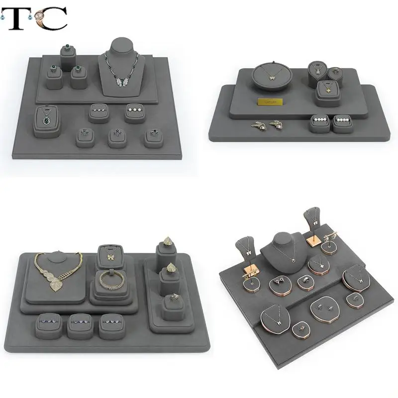 Gray Microfiber Jewelry Set Display Props Necklace Pendant Earrings Ring Bracelet Storage Display Stand