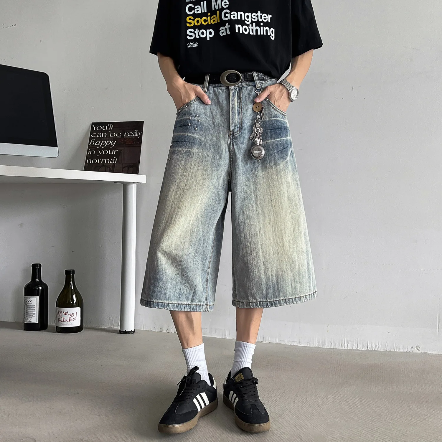 

Summer Men's Loose Fit Straight Leg Jeans Retro American Vintage Seven-Foot Denim Pants Youthful Trendy Wear-Resistant