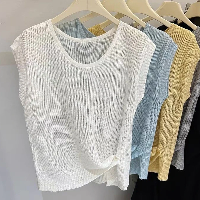 Modna damska kamizelka z dzianiny lodowej w koreańskim stylu, z okrągłym dekoltem i luźnym krojem, w kolorze niebieskim.