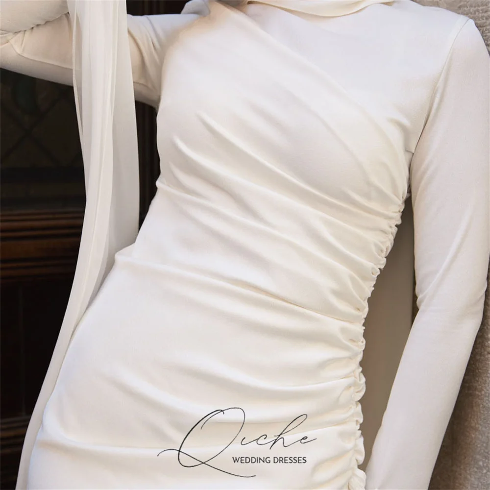 QICHE Bescheiden Plooi Moslim A-lijn Trouwjurk Vrouwen Lange Mouw Hoge Kraag Party Gown Vloerlengte Vestido De Novia Aangepaste