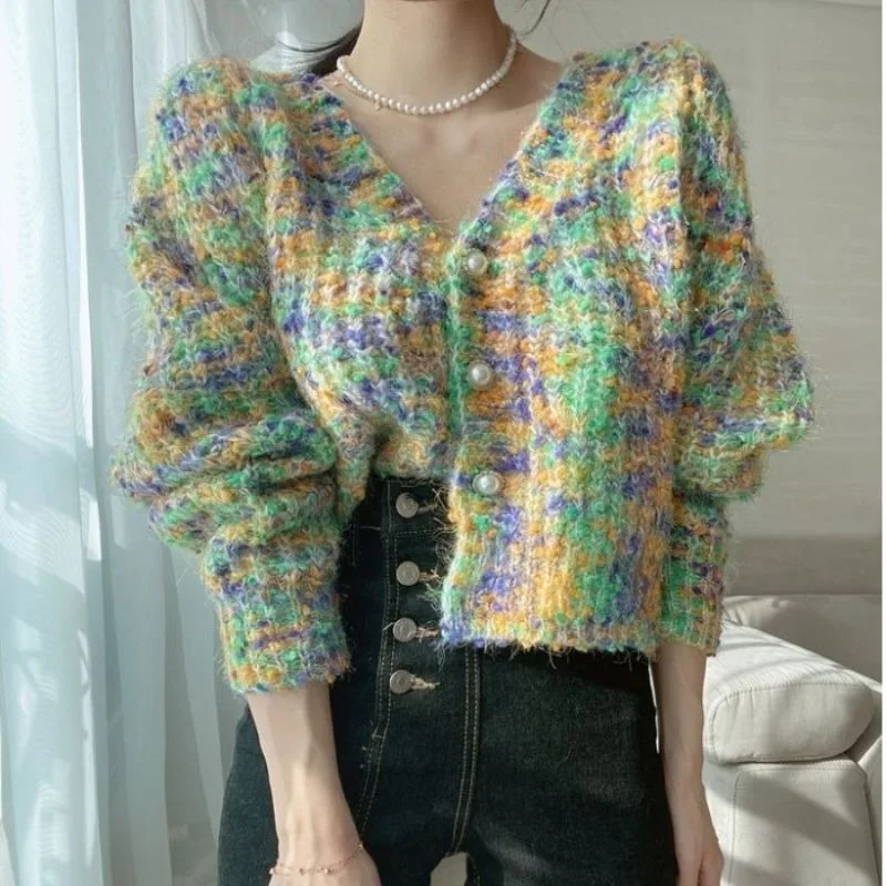 Korean Sweater Cardigan Autumn/Winter Short Temperament Pearl Button Rainbow Contrast Knitted Top Women Sweater Cardigan Coat