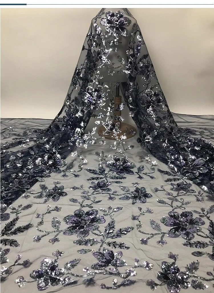 

1yard Exquisite large flower leaf sequin embroidery tissu new gauze fabric wedding Dress cheongsam fabric for clothing