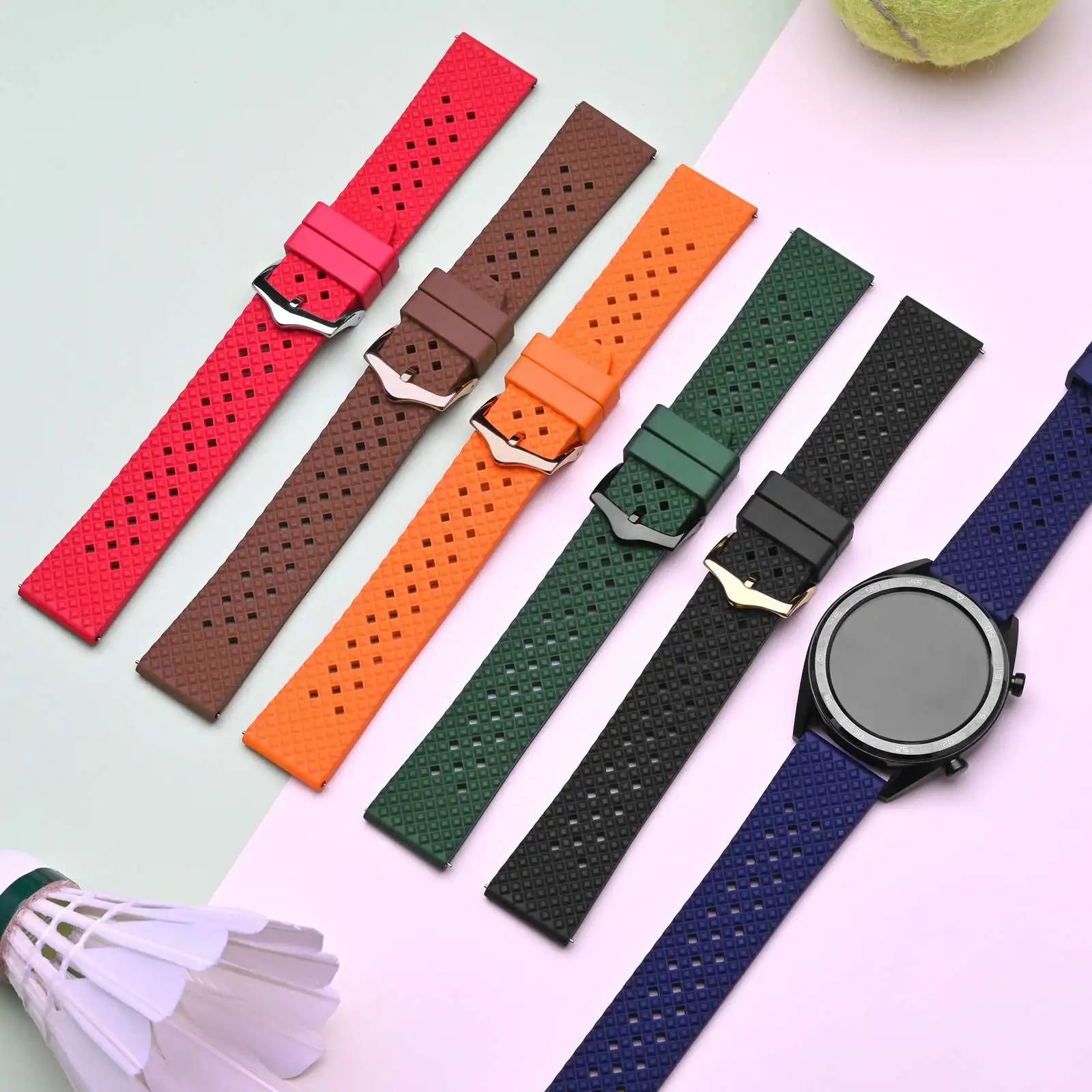 Anbeer Fluoro Rubber Watch Strap 18mm 20mm 22mm Waterproof Band Quick Release Replacement Watchband with Stainless Steel Buckle