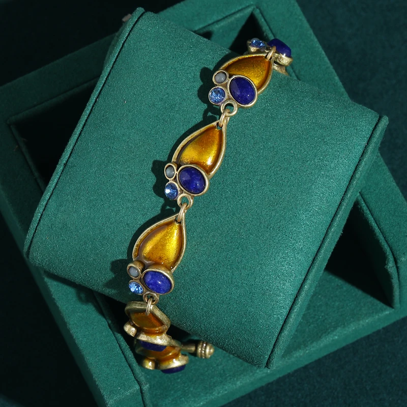 

Vintage Blue Stone Lapis Lazuli Bracelets Gold Color Natural Rhinestone Antique Jewelry Girls For Women Christmas Gift 2025