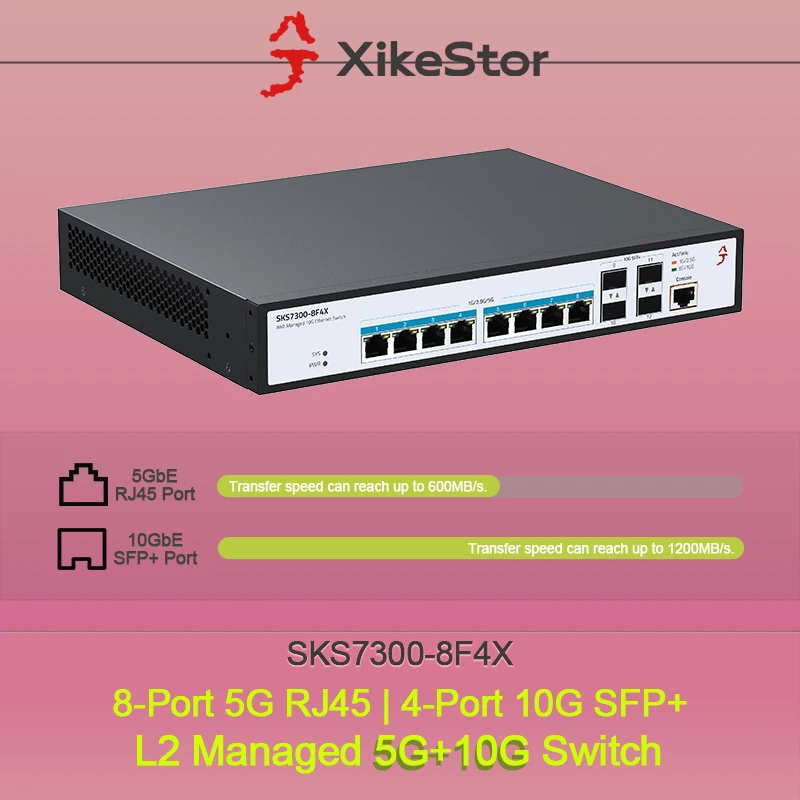 

XikeStor L2 Управляемые 8 портов 5G RJ45 + 4 x 10G SFP+ Поддержка VLAN | Порт агрегации серии SKS7300
