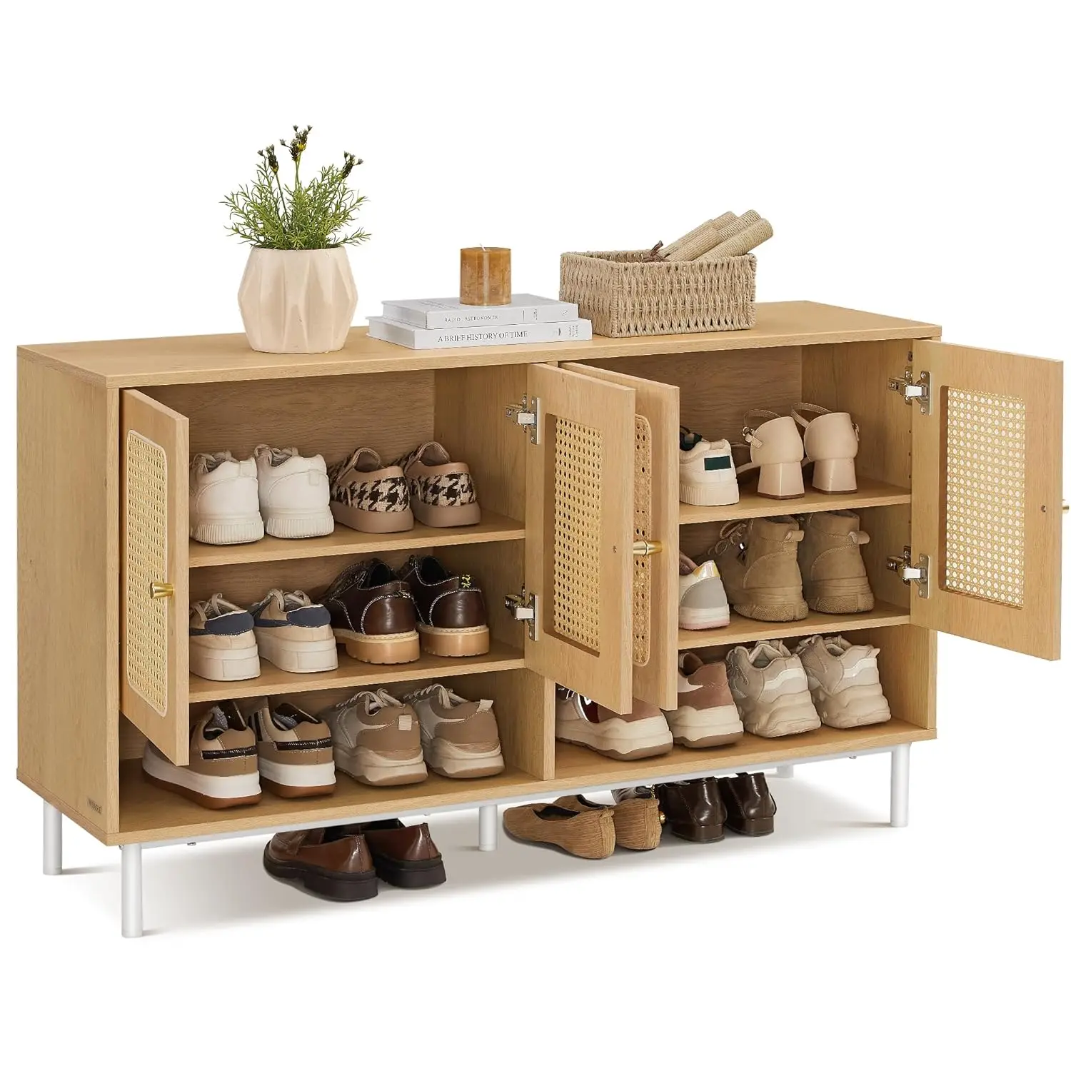 

Natural Rattan 3-Tier Shoe Cabinet, 24 Pair Shoe Storage Cabinet, Boho Style Shoe Organizer With Height-Adjustable, Customized
