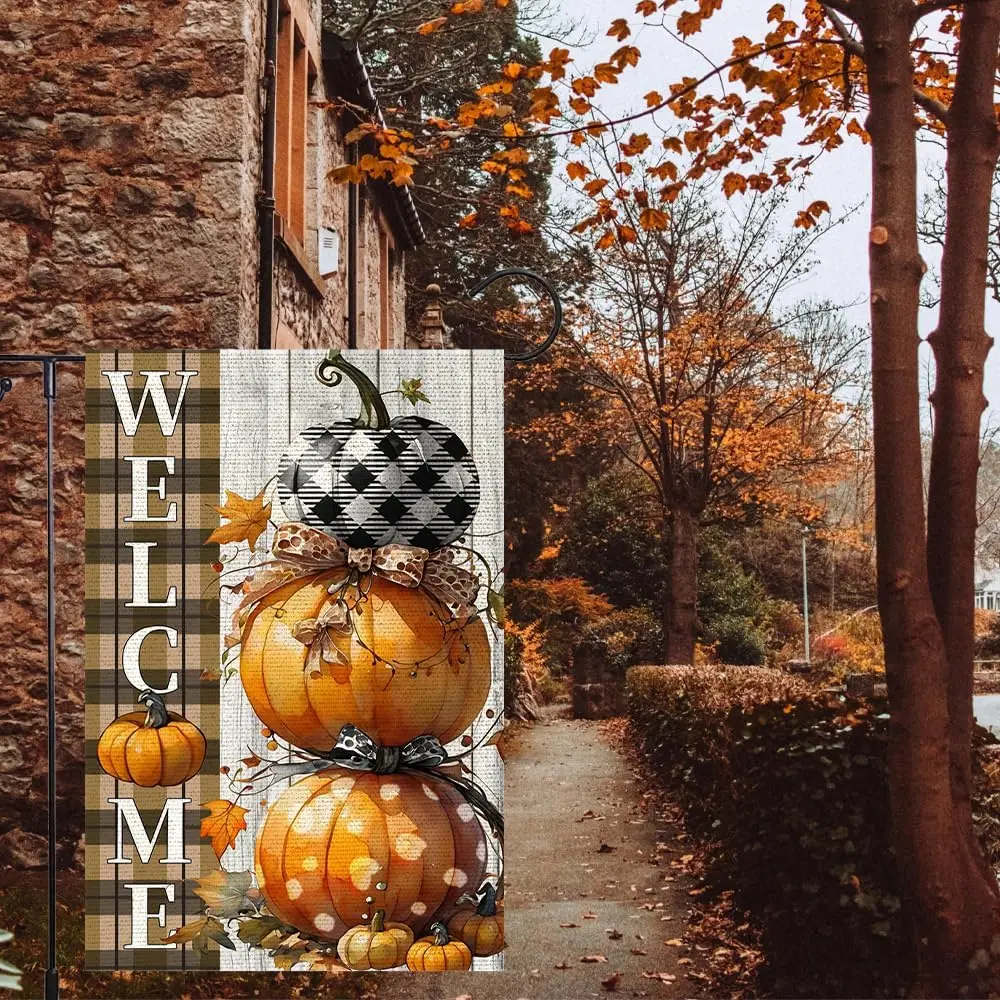 Fall Pumpkins Garden Flag 12x18 Inch Polka Dots Small Double Sided For Outside Thanksgiving Burlap Plaid Bowknot Welcome Yard Au