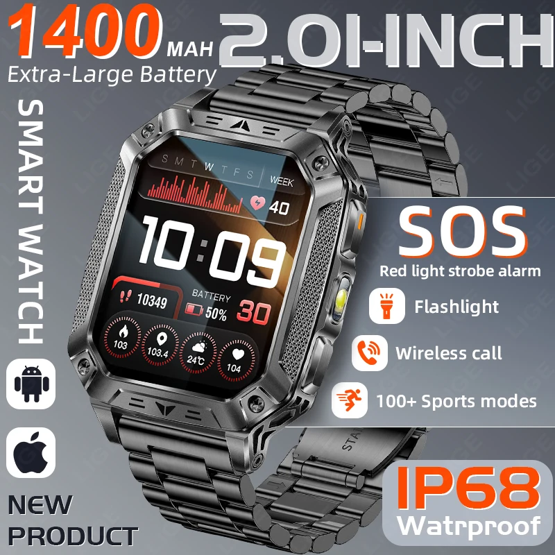 

LIGE 1400mAh Large Capacity Battery Smart Watch IP68 Sports Fitness Tracker Men Outdoor SOS Flashlight Voice Calling Smartwatch