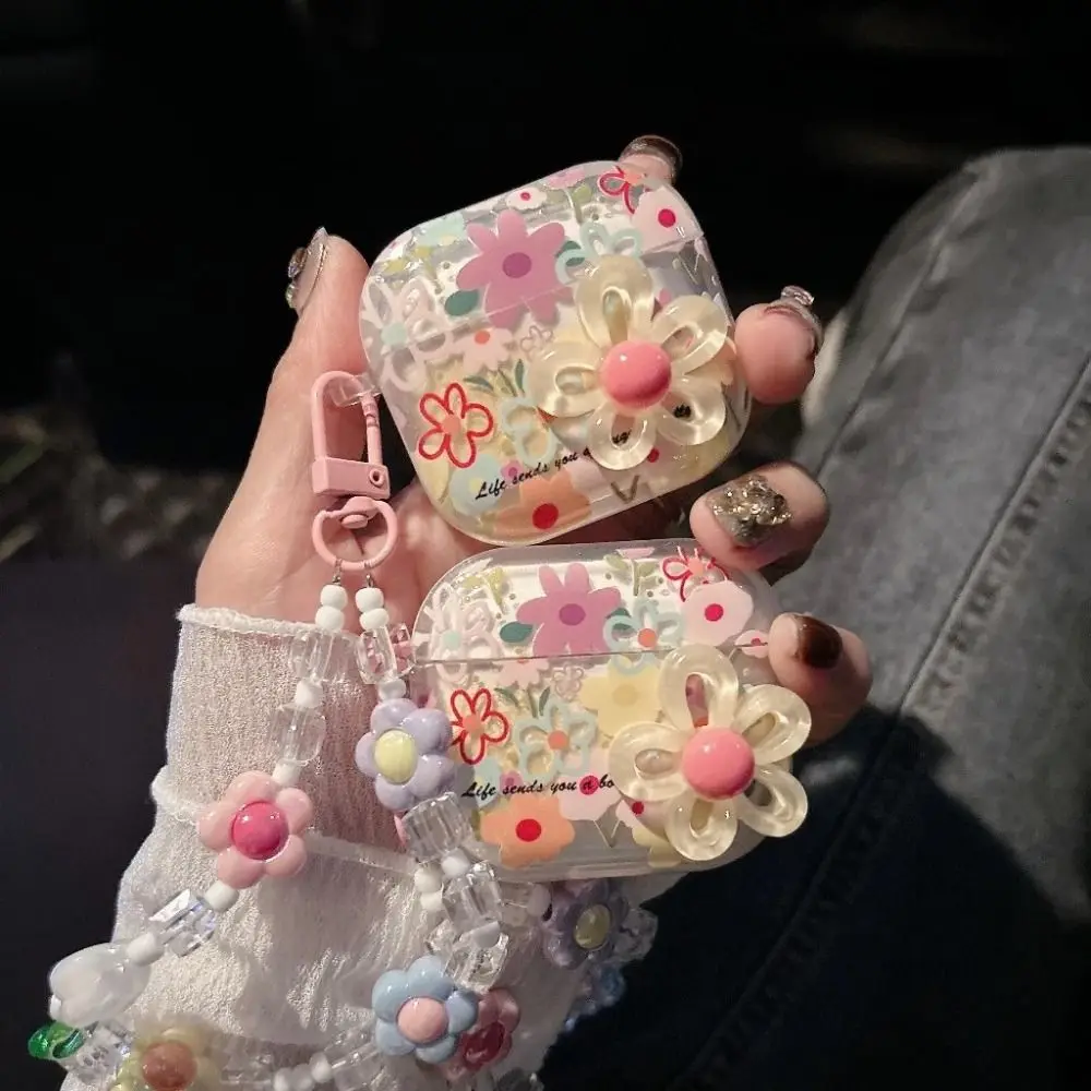 TPU素材フラワーイヤホンケース、ビーズキーホルダー付き、落下防止ヘッドホンケース、耐衝撃防塵、Airpods Pro2/1/2/3/4対応