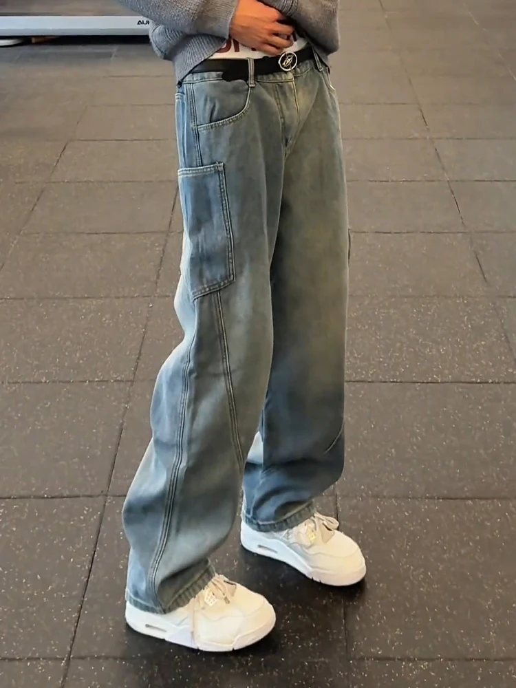 Light Blue Wide Leg Jeans Men's Design Sense·Flared Pants American Straight Cut Trousers with Big ket Slanted Knife