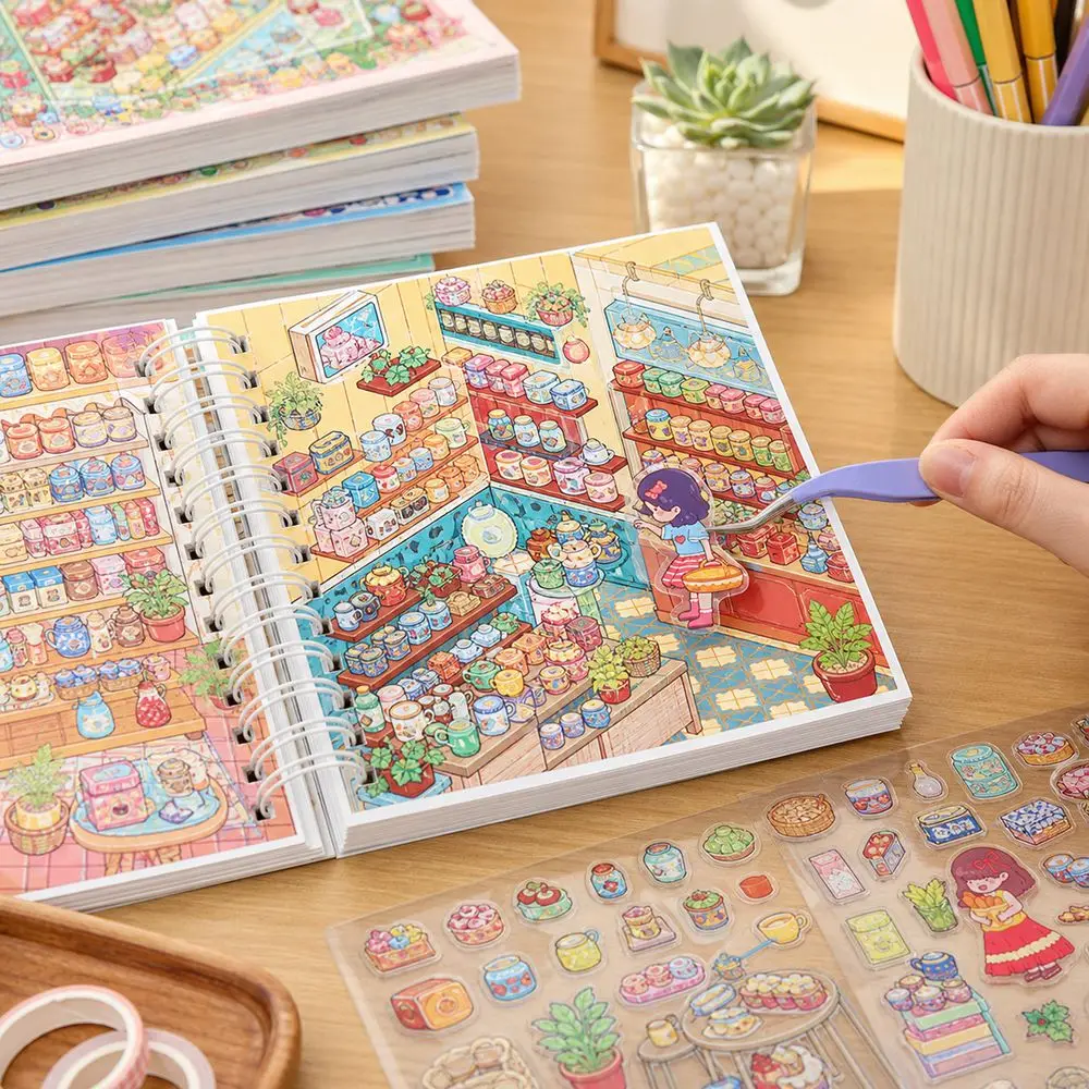 Kawaii Design 3D Scenery Stickers Pre Cut Stickers Repositionable Miniature Scene Sticker Spiral Bound Cartoon Pattern