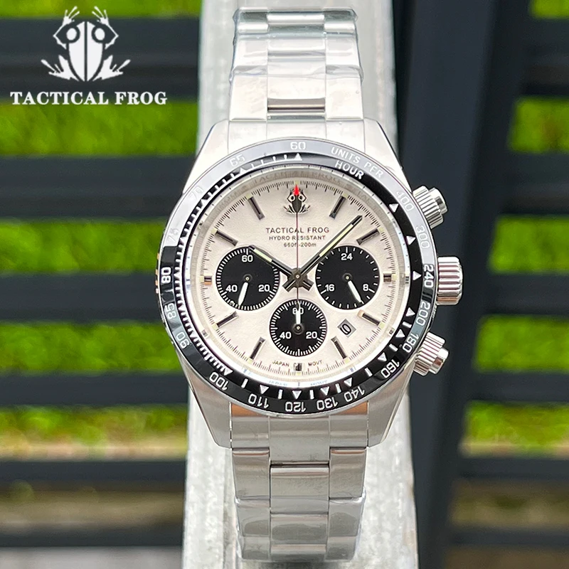 Tactical Frog Men\'s Diver Watch 41mm White Panda Dial Sapphire VS75A Solar Quartz Movement 20Bar Water Resistant C3 Luminous