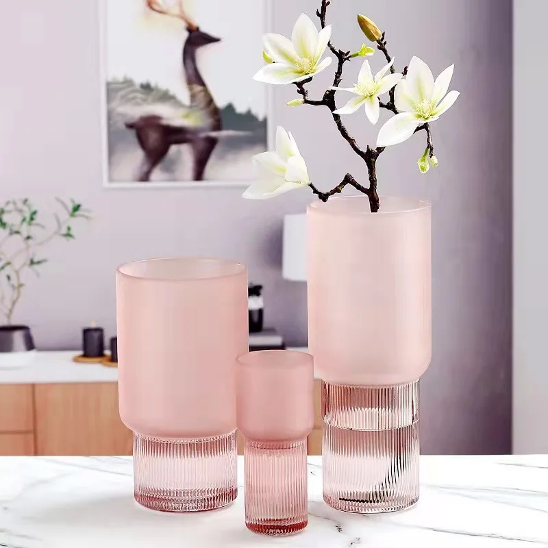 Transparent Glass Striped Vase Pink Frosted Bedroom Art Flower Arrangement Home Hydroponic Wedding Decoration