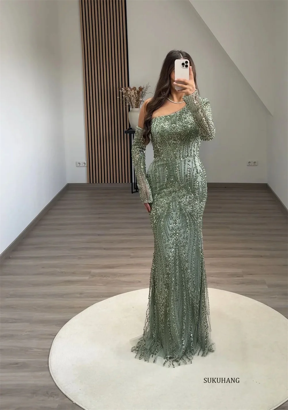 SUKUHANG Long Sleeve Dubai Beading Evening Dresses Mermaid Floor Length Wedding Party GownsCustomized