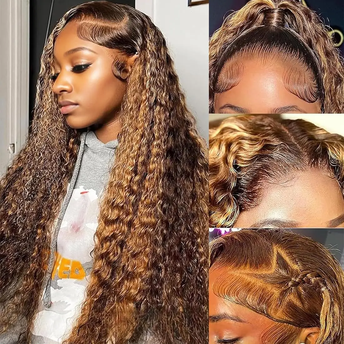 

Curly Wig 13x6 HD Lace Front Wig Highlight Deep Wave Human Hair 40 30 Inch Ombre Brown Colored Wig P4/27 Honey Blonde Preplucked