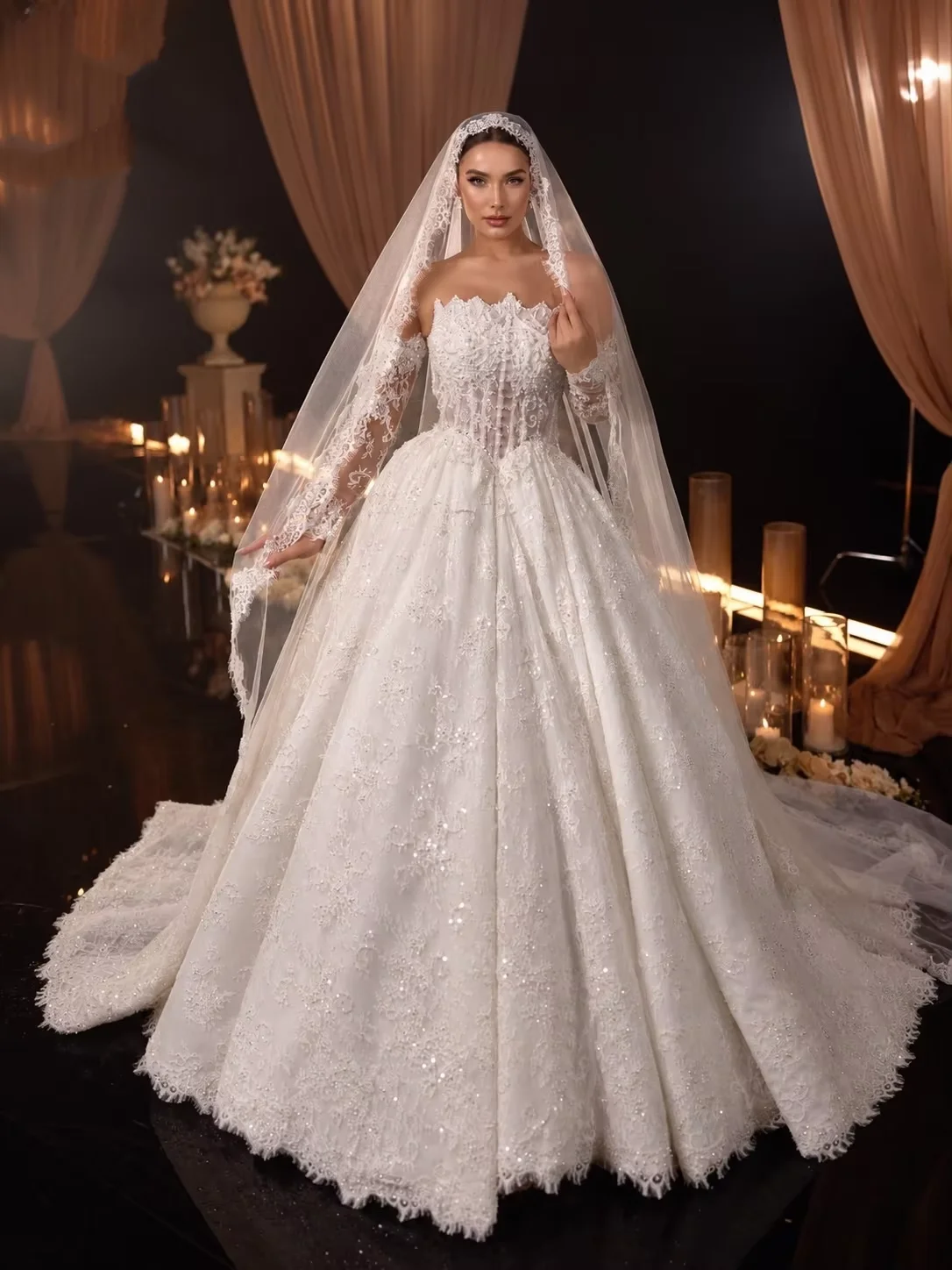 Customzied Luxury Lace Ball Gown Wedding Dress Off Shoulder Long Sleeves Corset Princess Bridal Gown Applique Vestido De Novia