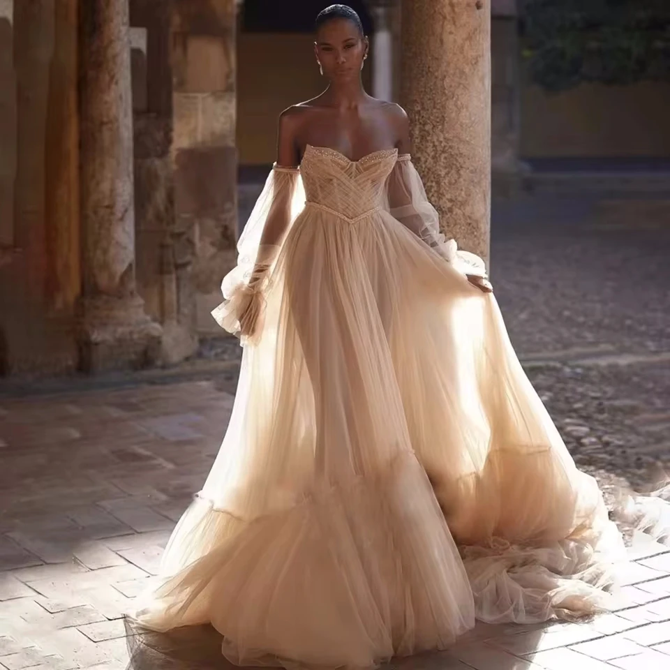 

Champagne Prom Dress Sweetheart Sequined Formal Occasion Dresses Sweep Train Long Tulle Evening Dress Graduation Gown Customized