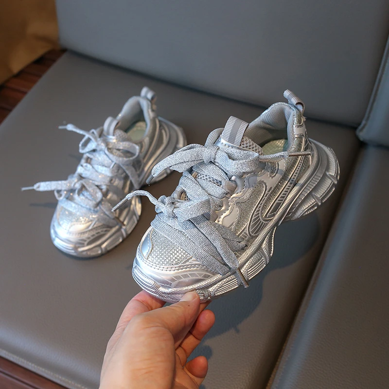 

Spring Autumn Girl's Mesh Chunky Sneakers Silver Children's School Sports Shoes Breathable Fashion Kids Running Sneakers Trend