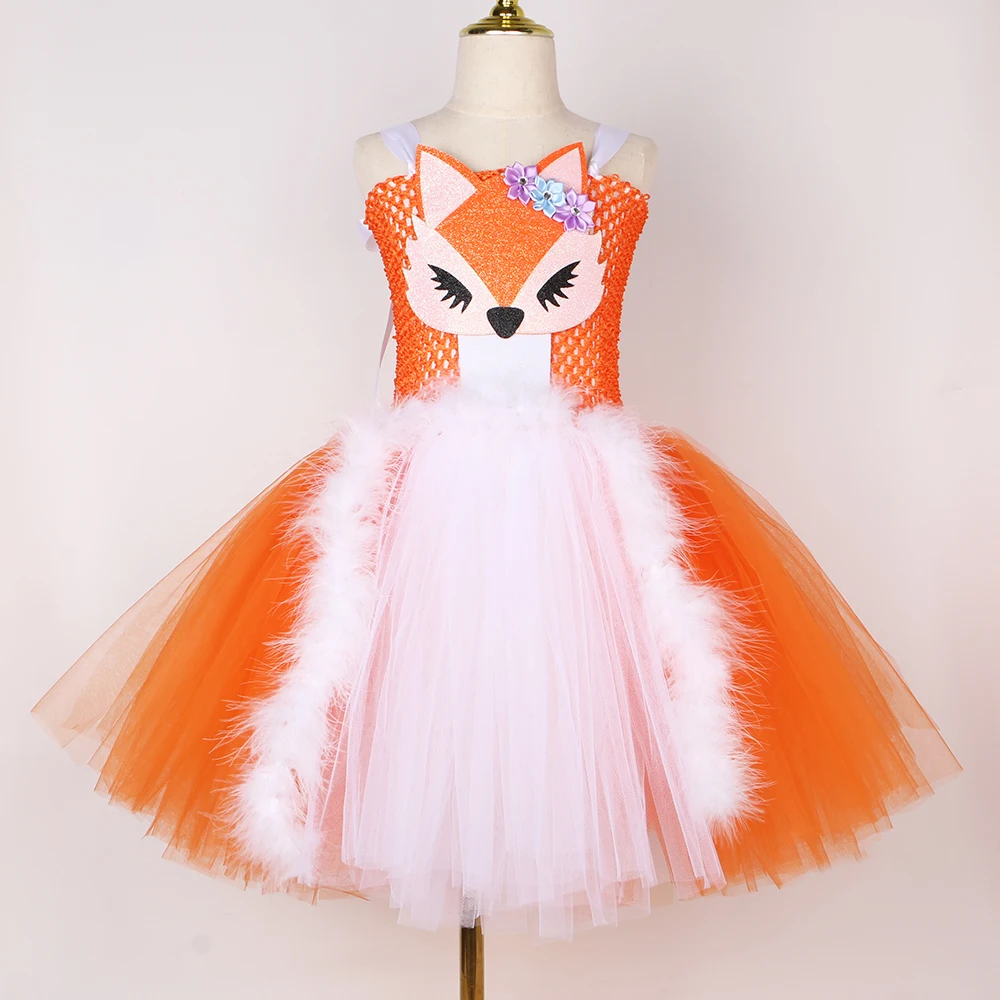 Orange White Fox Tutu Dress for Girls Birthday Party Carnival Fancy Dresses Animal Cosplay Halloween Costume for Kids Clothes