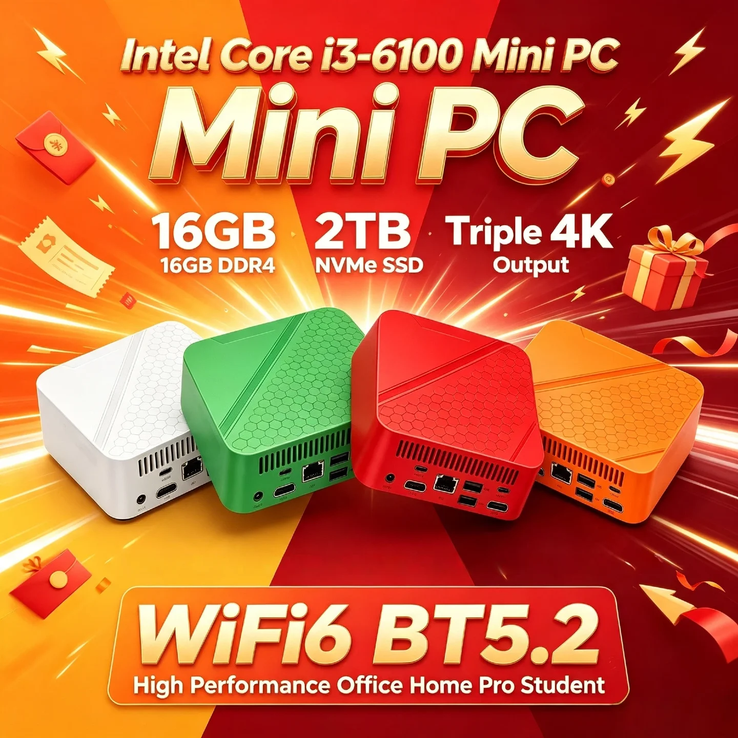 Core i3 6100 Intel Mini Desktop 16GB DDR4 2TB NVMe SSD Triple 4K Output WiFi6 BT5.2 High Performance Office Home Pro Student
