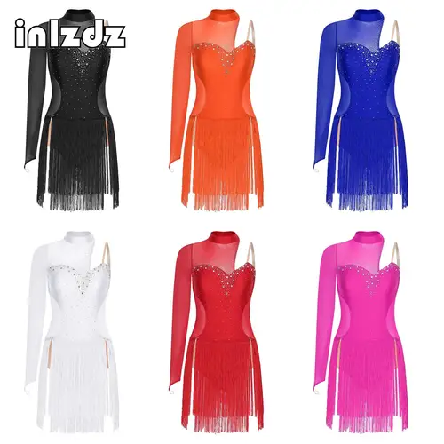Traje de baile de Tango latino con diamantes de imitación para mujer, vestido asimétrico de malla con flecos y espalda recortada, Ropa de baile para patinaje Lyrical Cha-cha para adultos