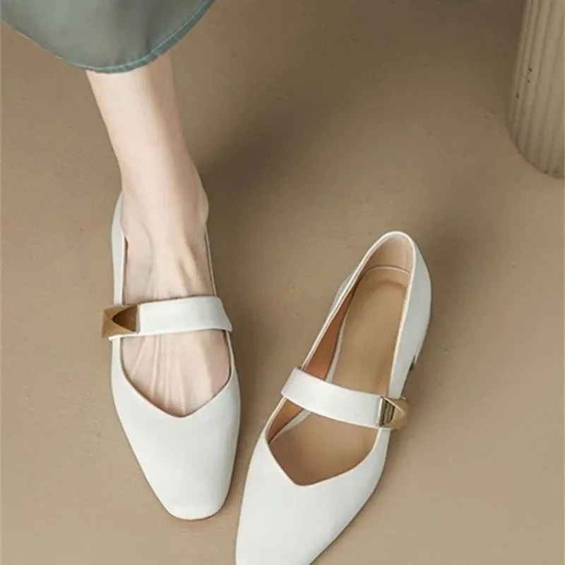 Ladies Summer Footwear with Medium Heels Shoes for Women 2024 Office White Square Toe Genuine Mark Beau Today Korean Style