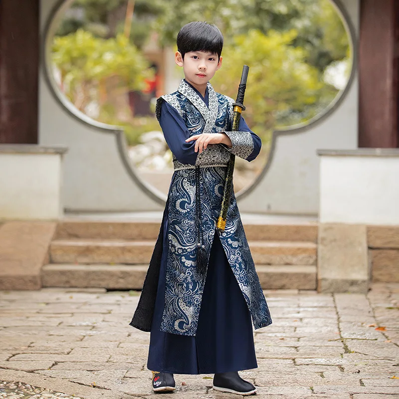 Spring Blue Print Hanfu New Autumn Children Tang Suit for Boys Chinese Style Hanfu Suit Anciwent Martial Arts Costume