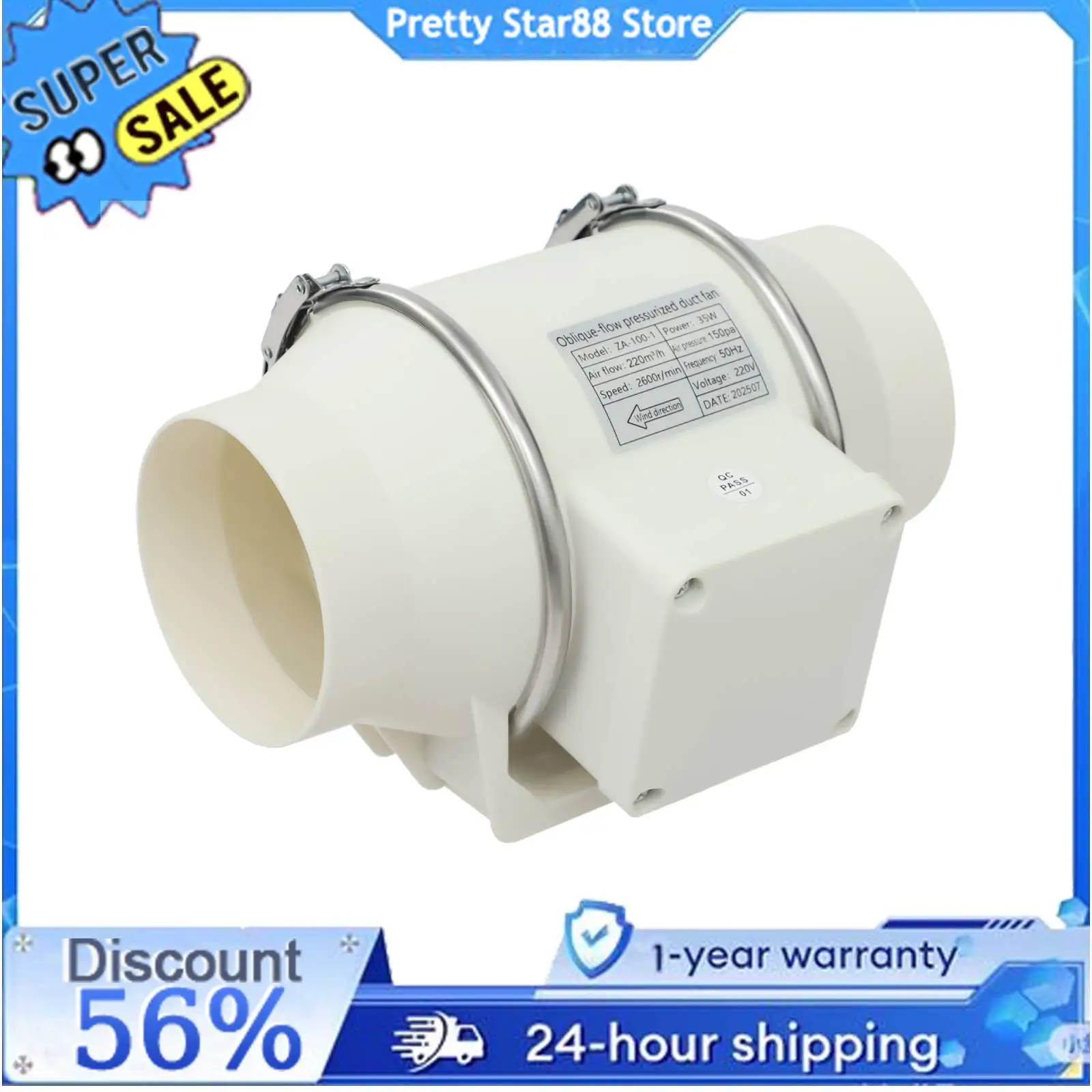 

Трубчатый вентилятор с шарикоподшипниками Вентилируемый кабель HF-100P Трубный вентилятор Вентиляционные отверстия для дома Кухня Склад Отель