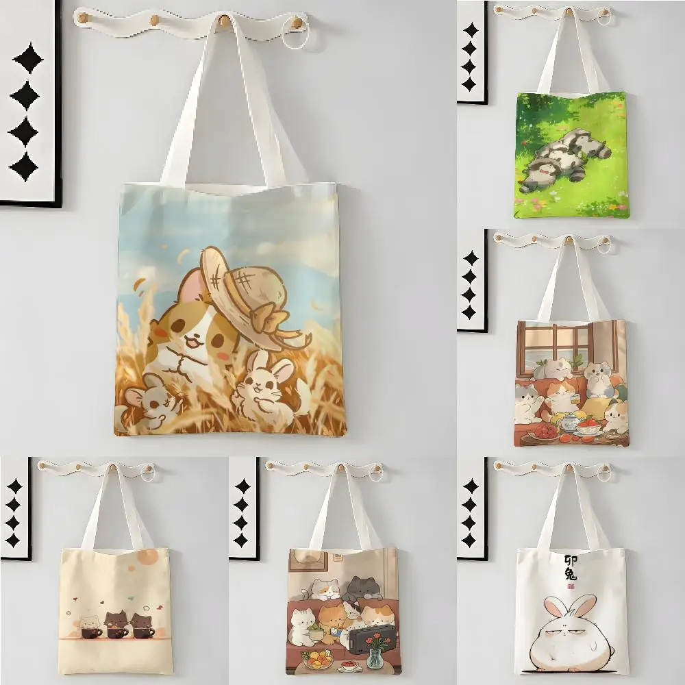 Cute cartoon animal girl decor 1 Storage Bags Canvas Shoulder Bag Book Carrier Student Tutoring Print Handheld Tote Bag