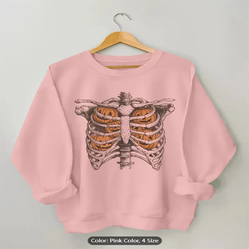 Womens Sweatshirt Skeleton Pumpkin Ribcage Graphic Print Casual Oversized Pullover Top for Halloween Style Lovers Pure Cotton