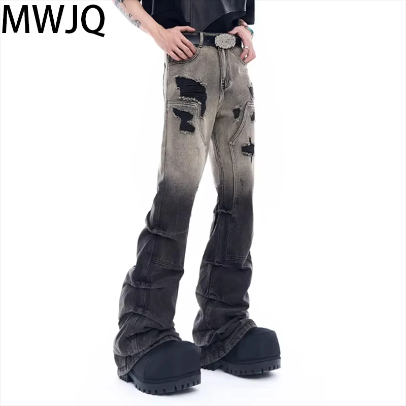 MWJQ Hole Gradual Design Vintage Jeans Men's American Spring 2024 cleanfit Pleated Slight Boot Cut Denim Male Pants Tide 010076