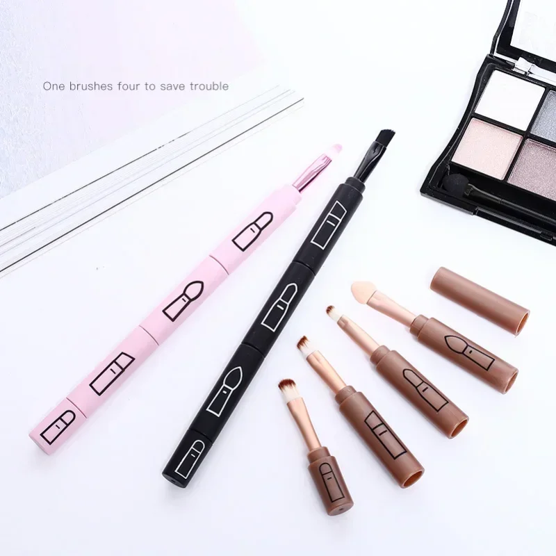 Portable Retractable 4 In 1 Professional Makeup Brush for Lip, Eyeliner and Eye Shadow, Travel Outdoor with Plastic Handle
