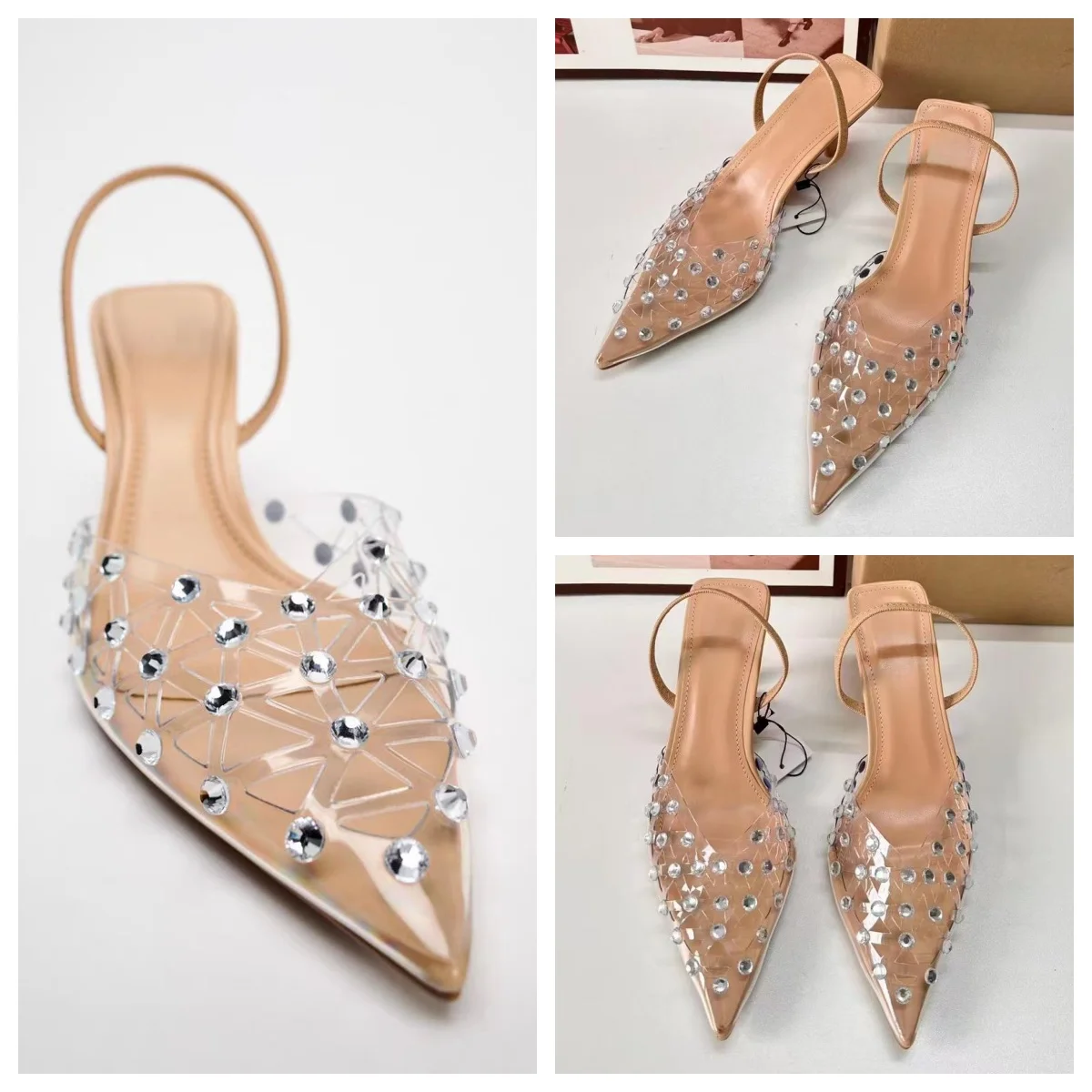 

TRAF Woman Beige Transparent Diamond High Heels Sexy Pointed Toe Slingback Heeled Shoes Pumps Female Party Heels Sandals Shoes