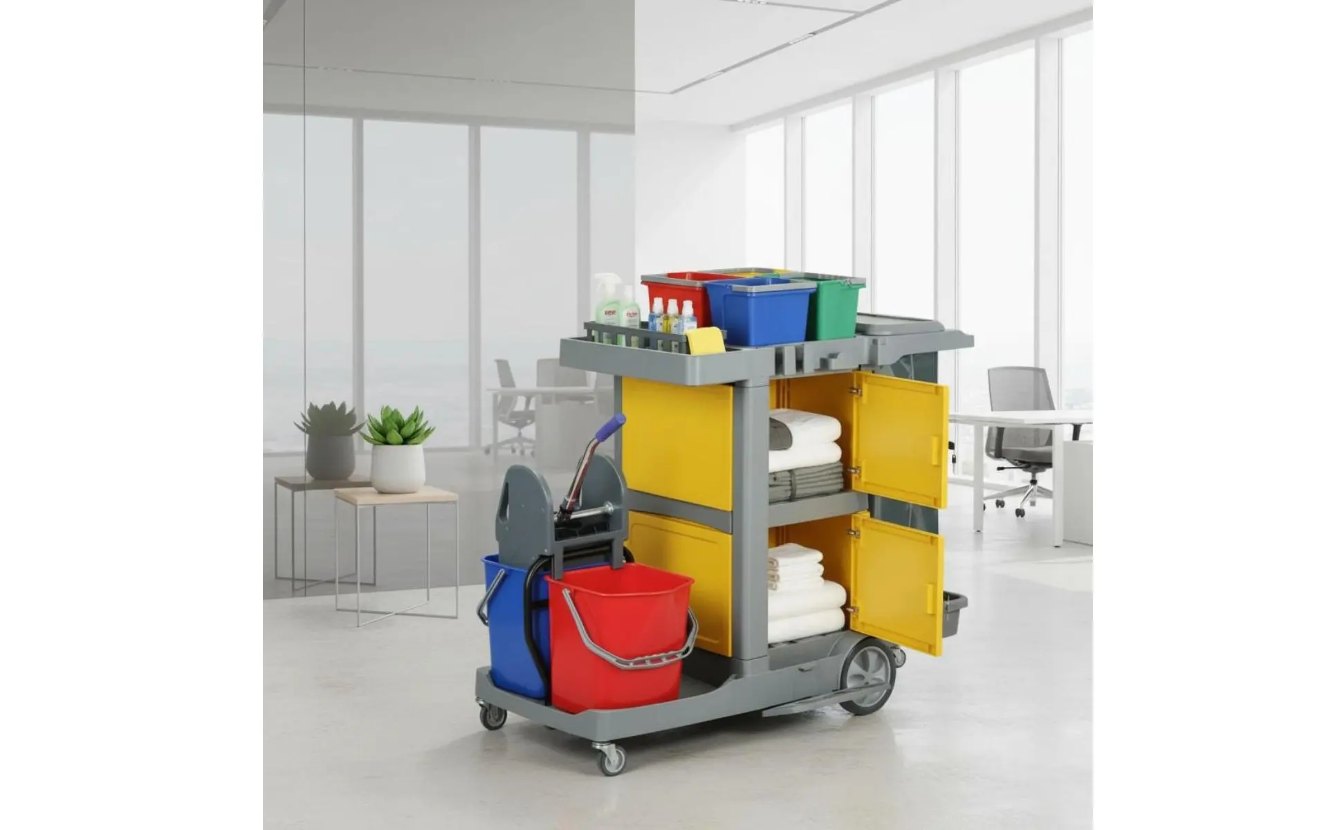 Professional Cleaning Trolley on Wheels Large Capacity Janitor Cart with Vinyl Bag Multi-Shelf Utility Cart Sturdy Duty
